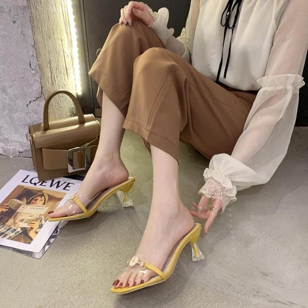 

2020 summer new transparent slippers women wear high-heeled fashion wild small daisy crystal with the word sandals z901, Black