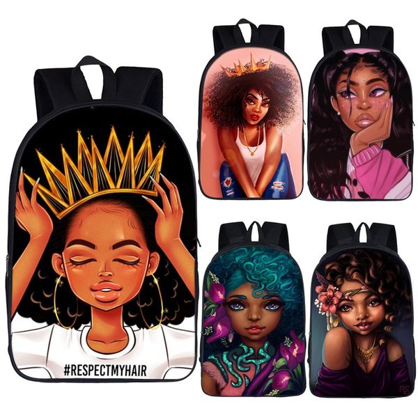 

cute afro lady student shoulders polyester backpack character print large multi-function high-capacity backpacks kids zipper schoolbag