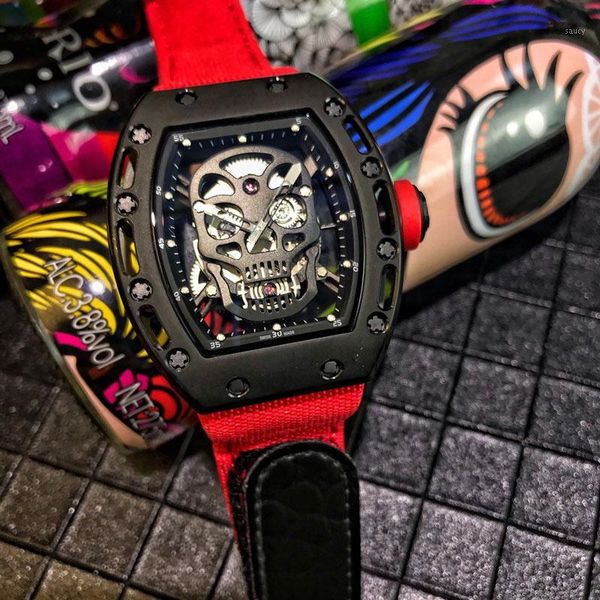 

man watches skull automatic movement rubber strap 45*12mm watches watch male clock high watch christmas1, Slivery;brown