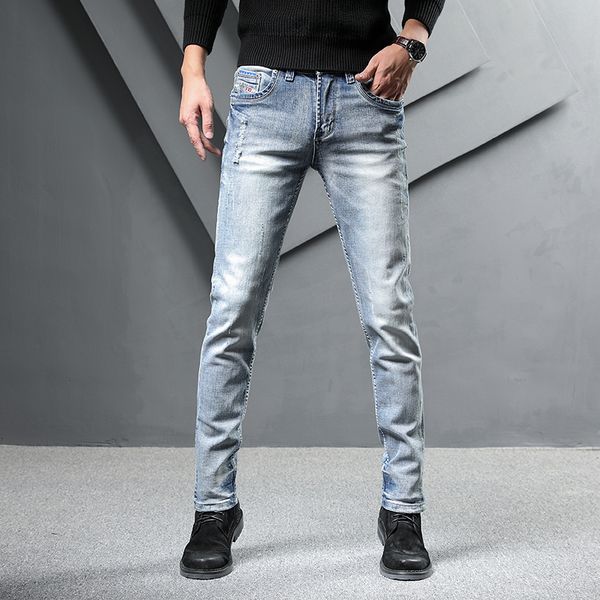 

european american style cotton distressed jeans casual retro ripped jeans men stretch slim denim for men, Blue