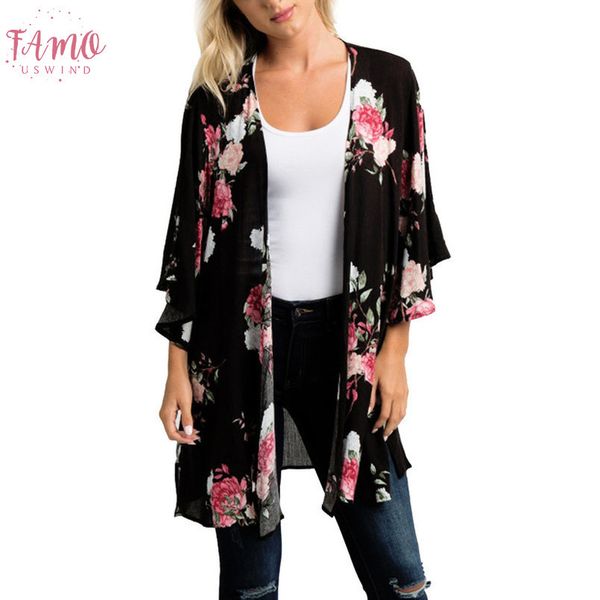 

summer beach clothes women chiffon shawl floral print kimono cardigan large size loose beachwear cover up blouse pt, White