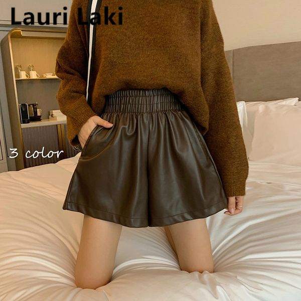 

pu leather short women winter high waist short vintage loose casual feminino plus size black brown, White;black