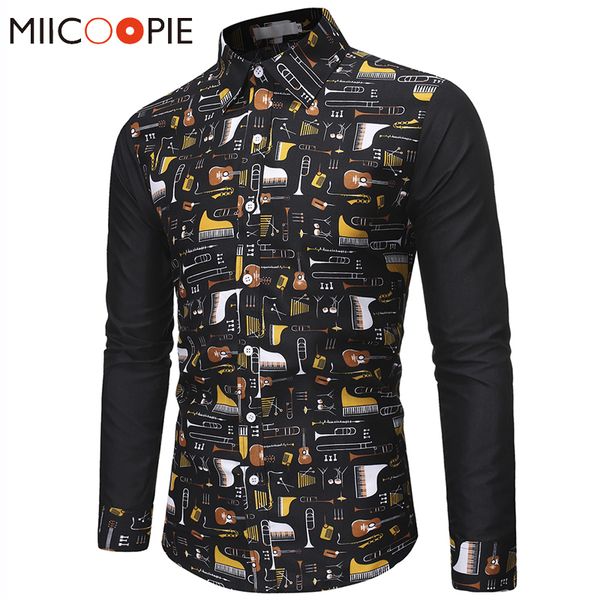 

funny musical instrument print casual shirt men long sleeve business slim fit camisa masculina turndown collar mens dress shirts, White;black