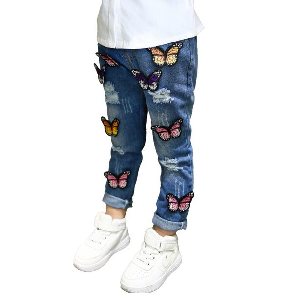 

2-7 y children girls fashion children girls denim jeans butterfly pattern baby kids cartoon hole pants new, Blue