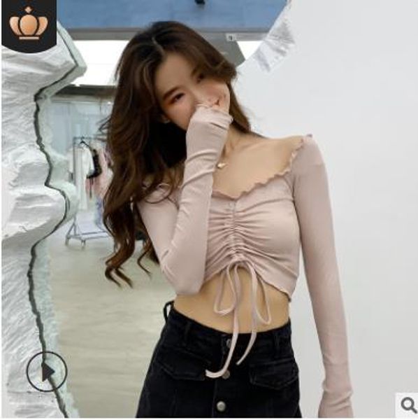 

women's t-shirt boat neck front drawstring shortie medium long sleeves off shoulder sweet style of japan and korea navel exposed pink b, White