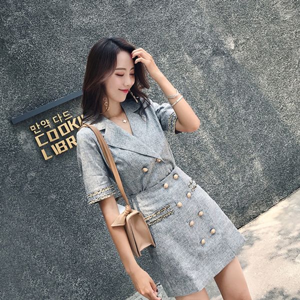 

fashion double breasted women blazer gray two piece set korean and skirt sets woman clothes sets artistic2019 summer, White