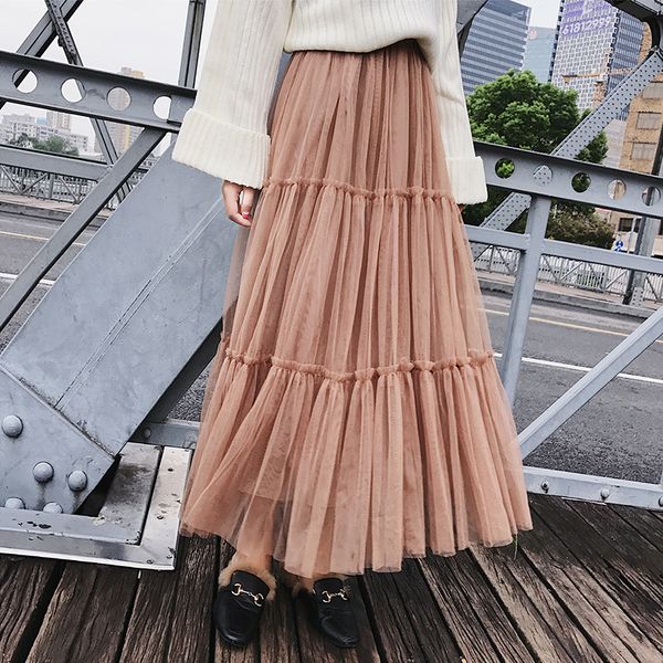 

long skirts long skirt women autumn elegant black mesh tulle pleated panelled long skirt sweet girl tutu skirt pink khaki elastic maxi