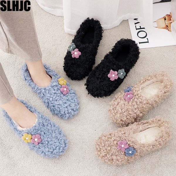 

slhjc autumn winter shoes warm curly fur flat heel round toe loafers women anti skid sweet flowers decoration flats, Black