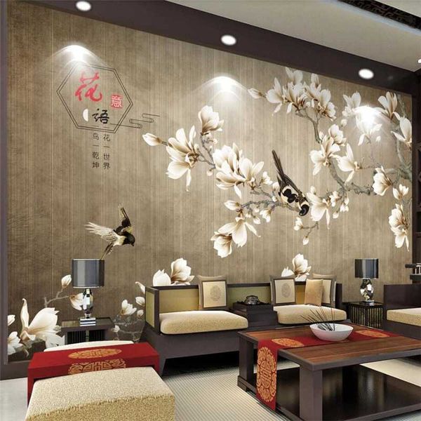 

custom wallpaper 3d mural new chinese hand-painted pen flower bird white magnolia classical restaurant tv background wall paper