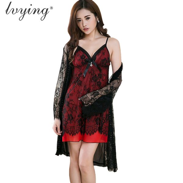 

women's sleepwear women pyjamas sets lace robe set noble bud silk nightgown suits bathrobe woman night dress lingerie nightwear, Black;red