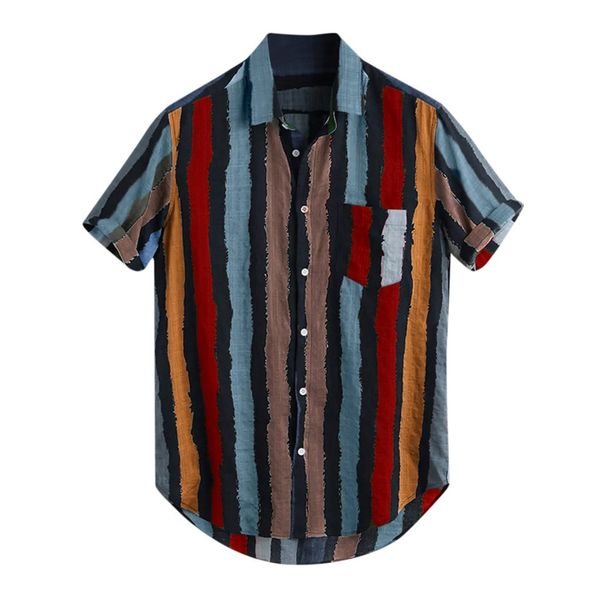 

womail mens loose multi color stripe lump chest pocket short sleeve blouse plus size summer shirts and blouses round hem shirts, White;black