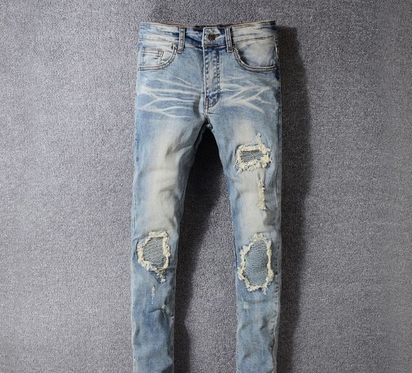 

mens designer jeans fashion brand hole fold stitching blue denim pants ripped distressed slim pencil pants motorcycle pants