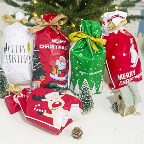 

chocolate dessert sweets gifts regali natale/50pcs christmas printed bags drawstring candy bags for bakery biscuit