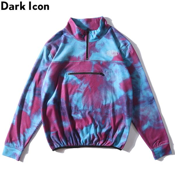 

dark tie dye front half zipper men's sweatshirt fleece pullover sweatshirts men 2colors, Black