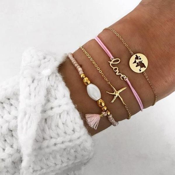 

bohemia pink tassel gold color bracelets lovely starfish love letter shape design bangles for women, Black