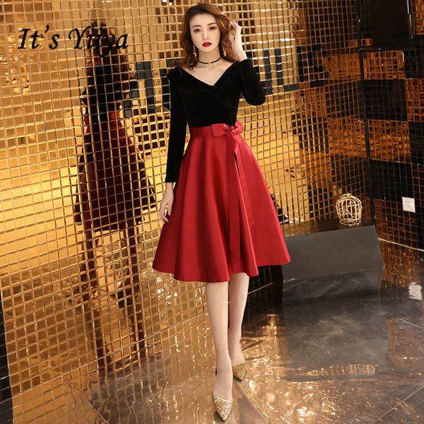 

it's yiiya prom dresses long sleeve v-neck vestidos de gala plus size black burgundy knee length dress women party night lf172, White;black