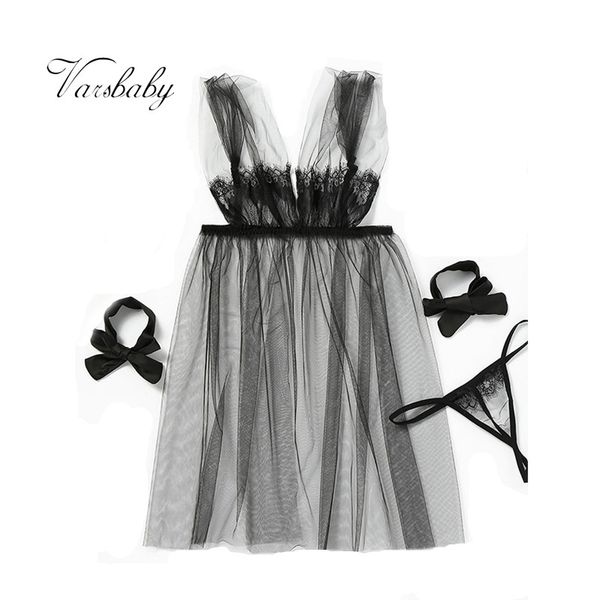 

varsbaby women's deep v yarn underwear lace nightgown with, Black;red