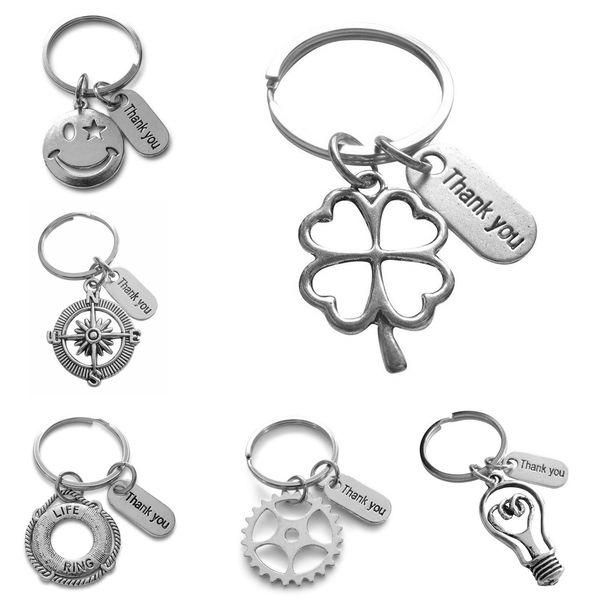 

ancient silver life buoy light bulb clover compass thank you letter tag charm keychain creative designer keyring jewelry thanksgiving gifts, Slivery;golden