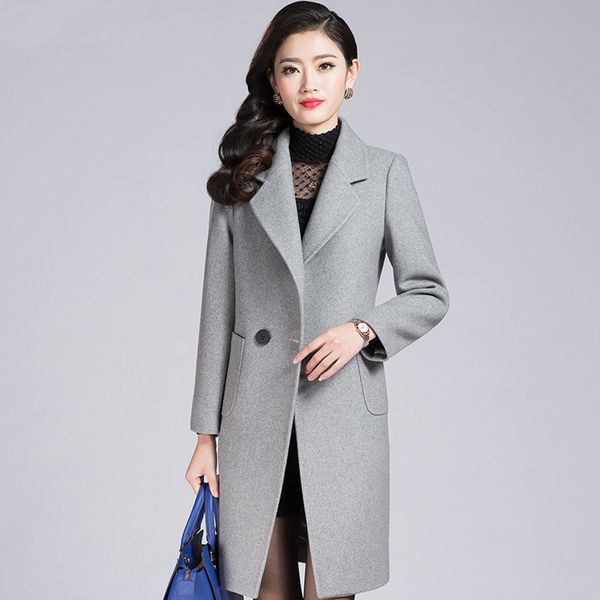 

fashion office lady women long winter wool blend coat slim solid wool coat and jacket single button outerwear, Black