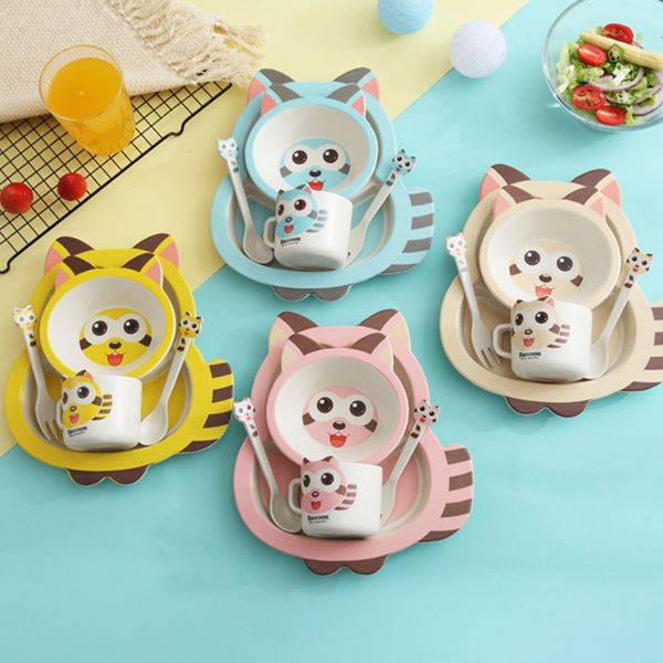 

5pcs/set baby dish training tableware children cute raccoon feeding food dishes kids dinnerware with bowl cup spoon fork plate flatware sets