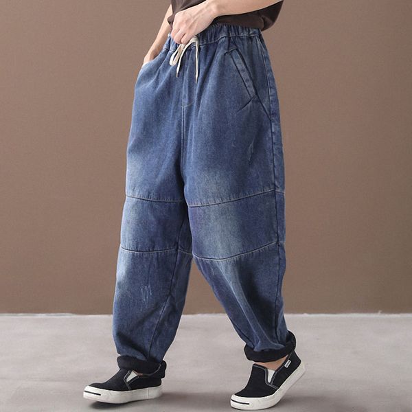 

qpfjqd women winter thicker fleece jeans female loose warm denim pants new 2020 spring drawstring casual ladies cotton trousers, Blue