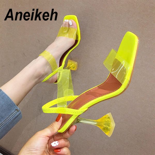 

aneikeh 2020 yellow pvc transparent women sandals crystal peep toe high heels shoes woman perspex spike heel back strap pumps, Black