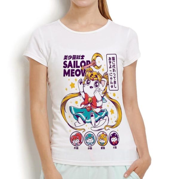 

cute sailor meow moon cat funny tshirt femme 2020 summer new white kawaii soft comfortable harajuku anime t shirt women