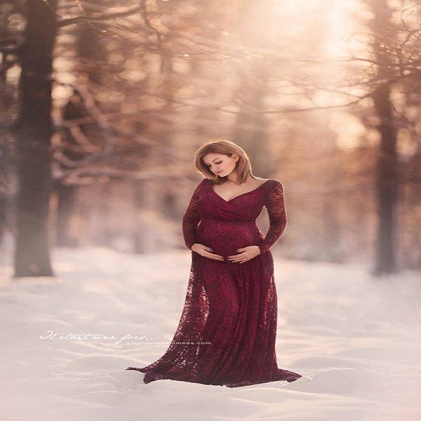

pregnant woman dress v-neck lace long skirt long sleeve solid color print pattern extra long pregnant mom 15, White