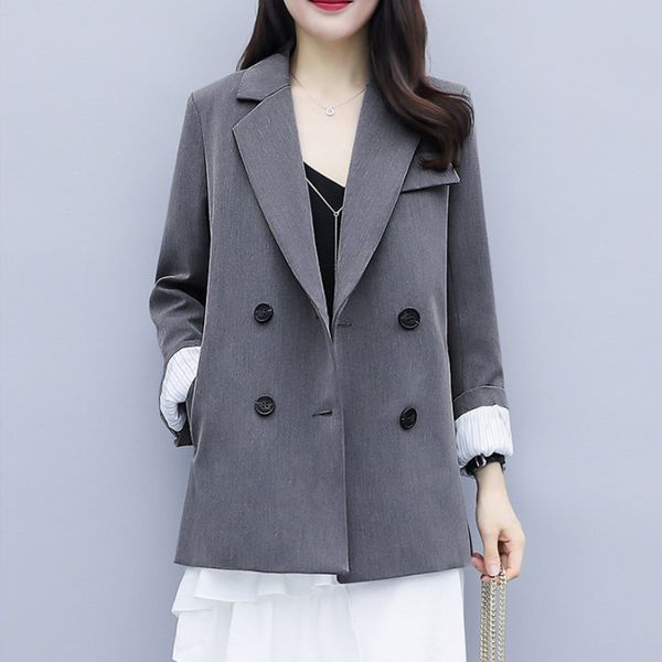 

women elegant autumn blazer suit long sleeve double breasted slim coat formal office work jacket plus size 5xl outerwear, White;black