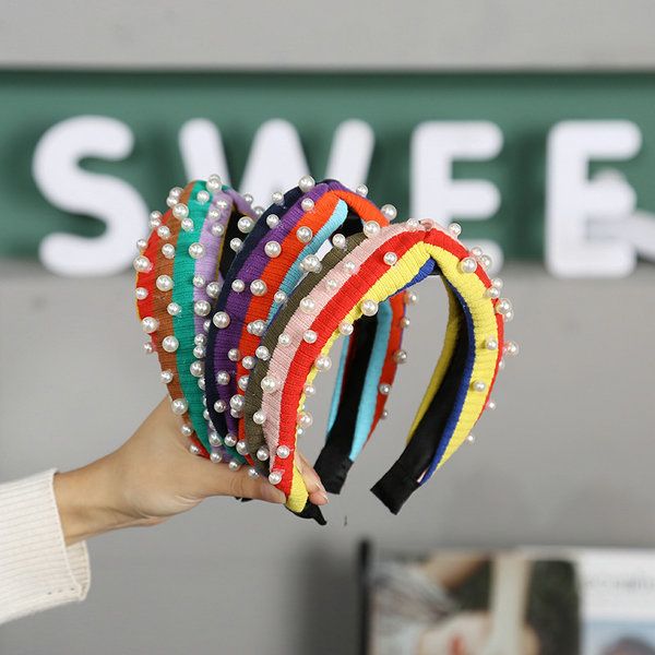

coarse stripe wool material headband with pearl fashion headband women's hair accessories headband women wholesale, Black;brown