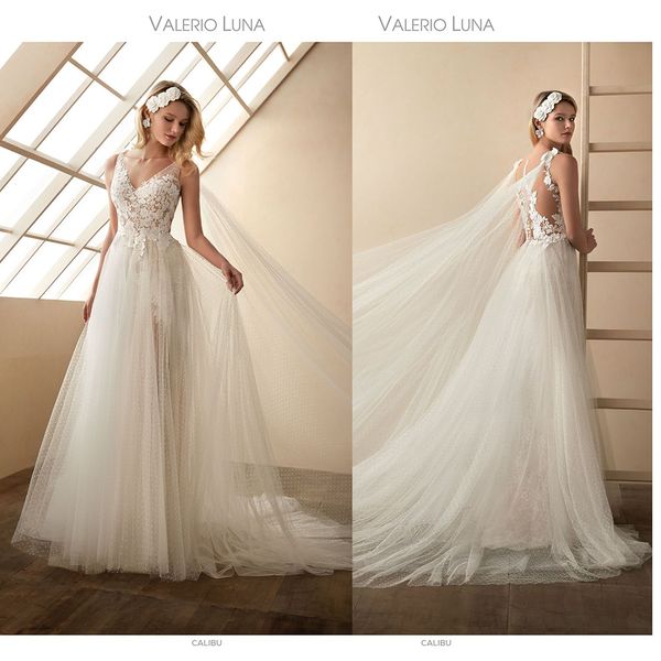 

valerio luna a line wedding dresses see through v neck lace flower appliques bridal gowns button back tulle wedding dress, White