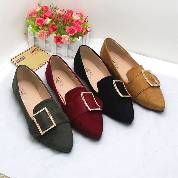 

pointed toe plated square metal buckle strap loafers women slip on casual moccasins shallow mouth ballet shoes woman big size42, Black
