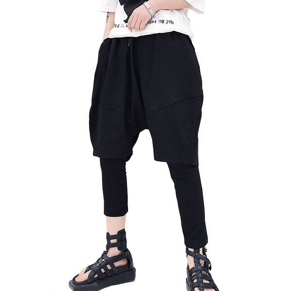 

2019 japanese fashion nine pants dark black style fake two trousers street hip hop wind exaggerated pants