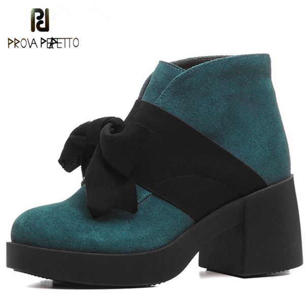 

prova perfetto fashion cute bowtie platform boots women thick high heeled ankle boots genuine leather shoes woman short, Black