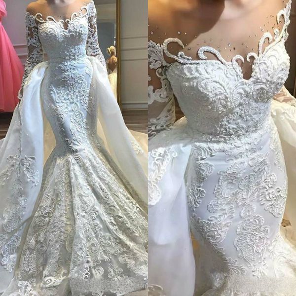 2019 mais recentes vestidos de casamento sereia com trem destacável lace applique strass manga longa roupão de mariée plus tamanho vestido de noiva