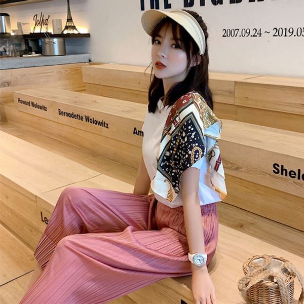 

patchwork silk scarves short sleeve fashion o-neck cotton t-shirts tees+ruched high waist pants women summer clothing 2pcs sets, White