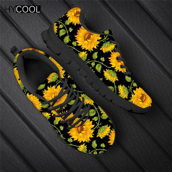 

hycool sunflower floral print women sports shoes flat slip on lace up comfortable running sneakers soft zapatillas de deporte