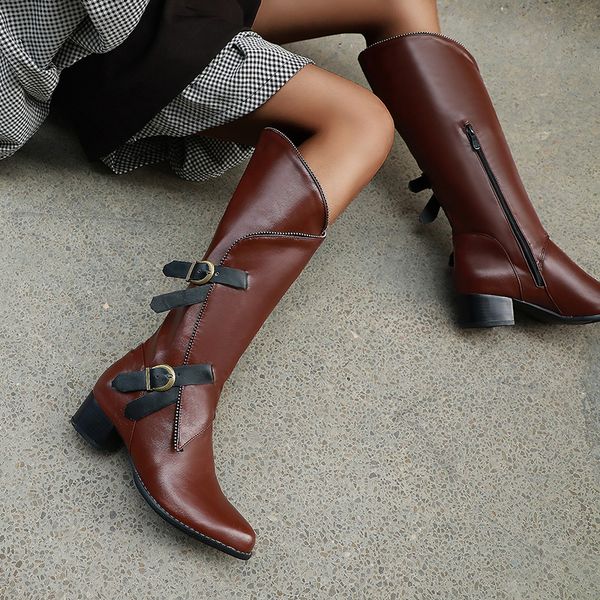 

knee high boots western cowboy boots for women long winter pointed toe cowgirl wedges motorcycle female plus size 46, Black