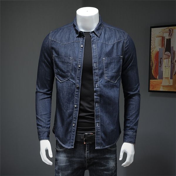 

men's casual shirts 2021 long sleeve shirt fashion cotton dark blue lapel button pocket denim men social clothing -4xl, White;black