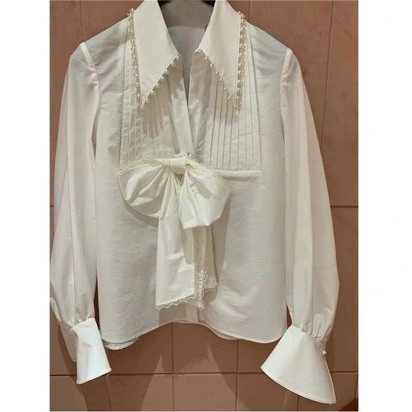 

new fashion women white blouse beading turn down collar long sleeve with bow female french vintage slim shirt blouses