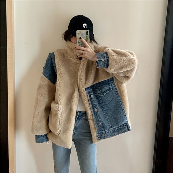 

women's trench coats women jacket cowboy loose coat fashion autumn winter woman overcoat lamb denim lazy design patchwork outerwear & f, Tan;black