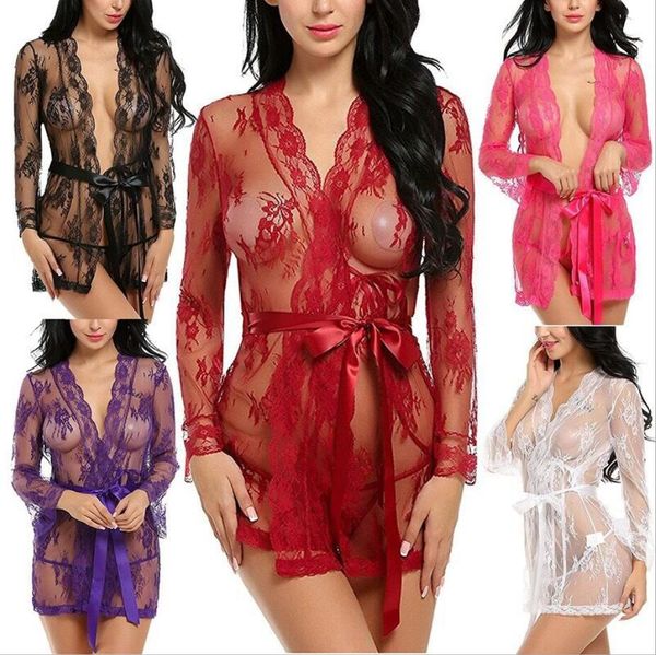 Pama Belt New Lace Sheer Lingerie Sexy V-neck Nightwear Robes com G-string Babydoll Mulheres Pijamas