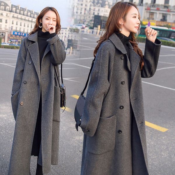 

women's wool & blends 2021 women warm windproof overcoat work solid vintage winter office long sleeve button woolen jacket coat cappott, Black
