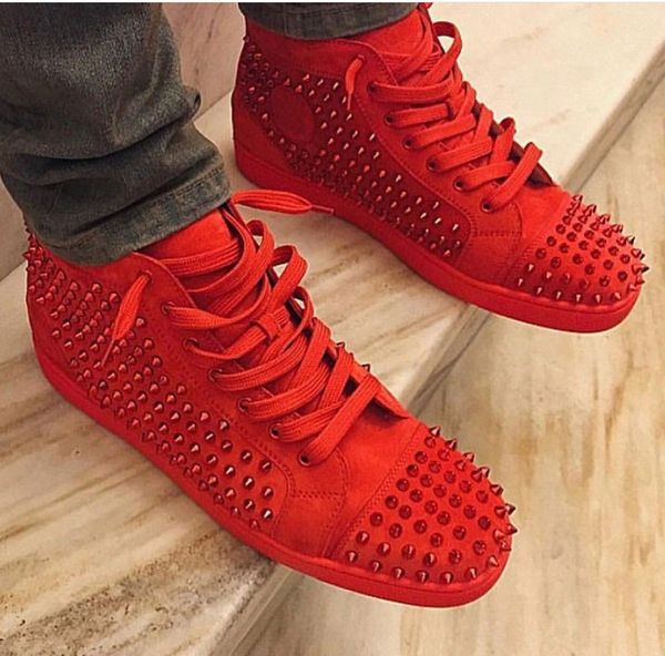 

с коробкой, size35-47] роскошный high top red bottom шипы тапки дешевые оригиналы тренер женщин, мужчин кожаным квартиры спорт на открытом, Black