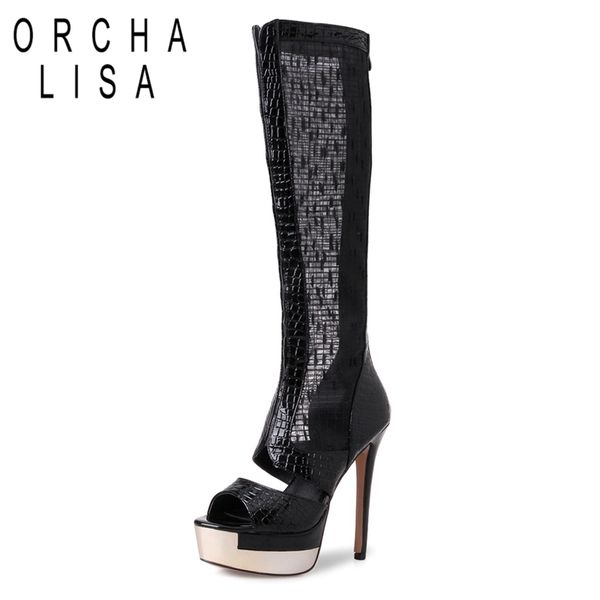 

orcha lisa women boots fashion summer boots mesh knee boot peep toe lace shoes women party nightclub women's shoe c353, Black