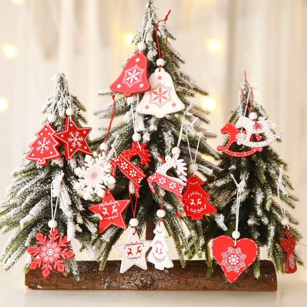 

12pcs christmas wooden hanging decor christmas tree bell five-pointed stars deer shape ornament party home xmas pendant decor
