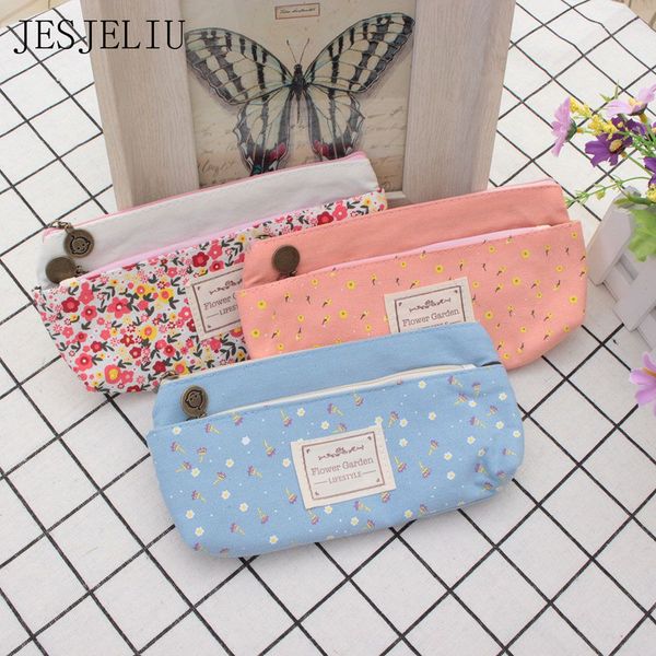 

1pc school pencil bag pencil pouch double zipper pure and fresh cosmetic bags office stationery canvas case