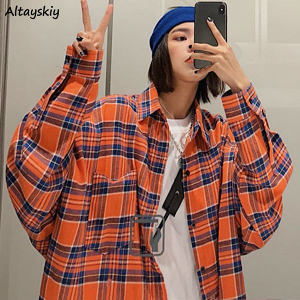 

women's blouses & shirts women plaid oversize bf wild korean style student spring womens long sleeve coat chic trendy cool all-match r, White