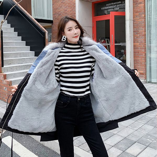 

vintage winter color block thickening warm thermal blue denim jacket coat outerwear for women loose overcoat with fur hood coats, Black