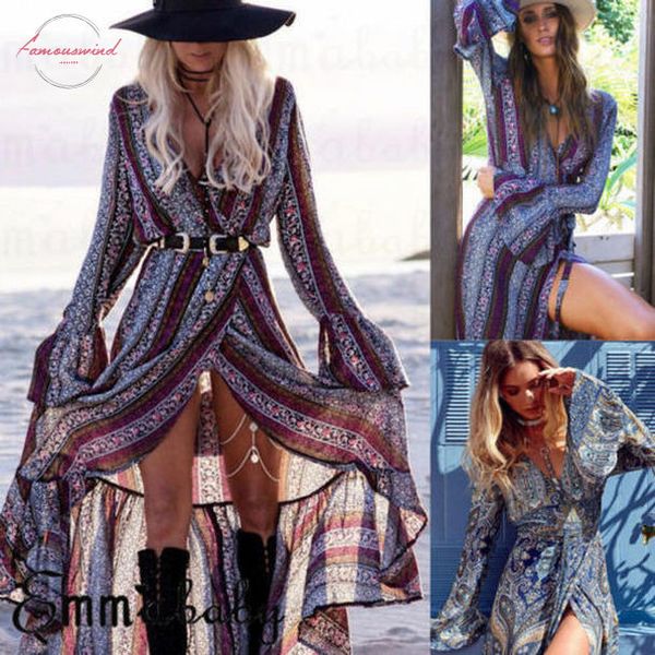 

women summer boho long skirt floral print evening party beach loose long sleeve sundress stylish elegant woman skirts, Black